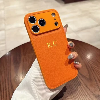 IPhone 16: Personalisierte individuelle Namens-Handyhülle Gold 3D-Heißfolienprägung Kunstlederhülle