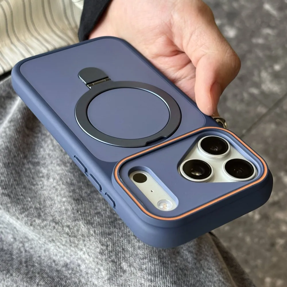 iPhone 16 Pro Max: Stoßfeste, matte Schutzhülle mit integriertem Ständer, kompatibel mit MagSafe-Magnet und Panzerung.