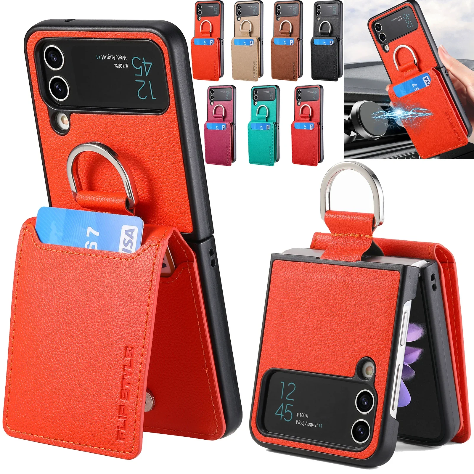 Galaxy Z Flip7: Magnetischer Ringhalter, Leder, Brieftasche, Karten, Solt-Hülle, Flip5, 5G, Flip4, Ständer, vertikale