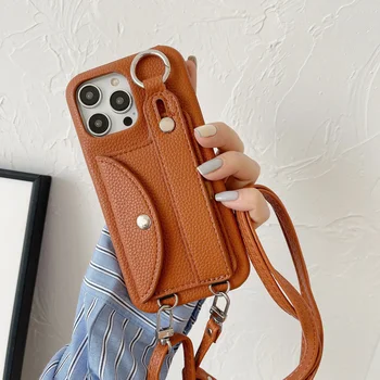 iPhone 16: Handgelenkriemen Crossbody Lanyard Handyhülle Kartenhalter Brieftasche Lederhülle