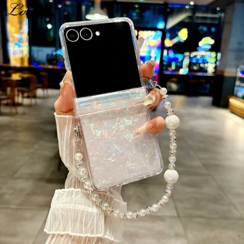 Galaxy Z Flip5: Luxuriöses Muschelmuster-Perlenarmband-Etui Flip Handgelenkskette Acryl-Hartschale