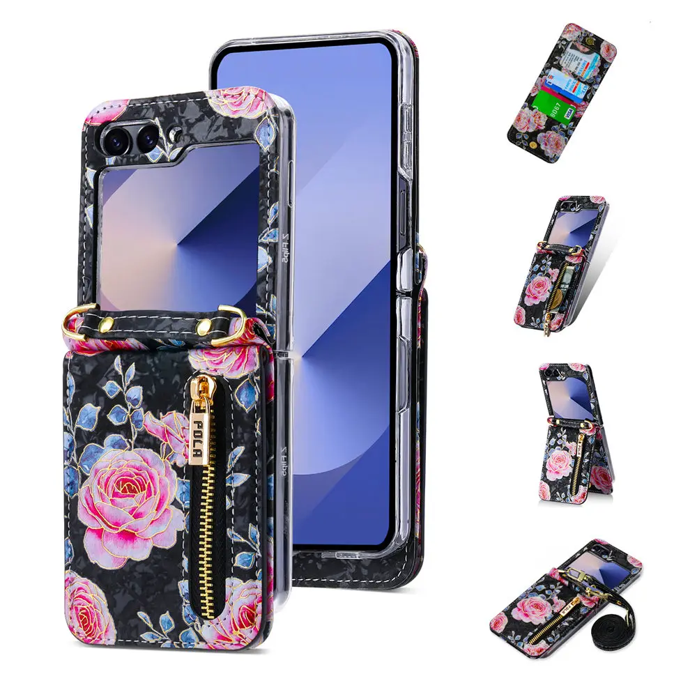 Galaxy Z Flip6: Reißverschluss Umhängetasche Karten Slot Blumenhülle 6 Flip Leder Lange Lanyard Strap Cover