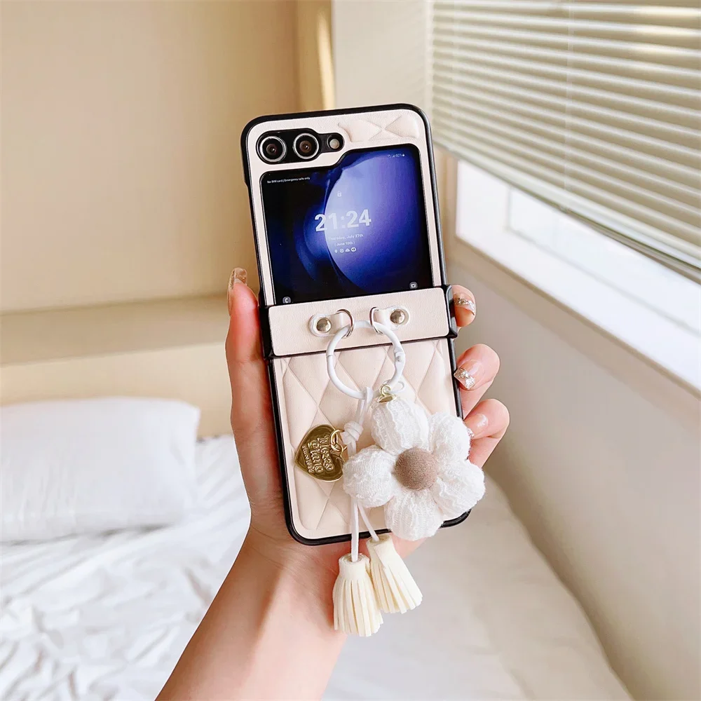 Galaxy Z Flip6: Leder-Blumen-Ring-Handyhülle Flip7 Flip6 Flip5 Flip4 Flip3 5G Stoßfeste Schutzhülle