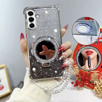 Glitzernde, viereckige, stoßfeste Handyhülle mit Spiegelständer, Perlenarmband F17 M17 5G