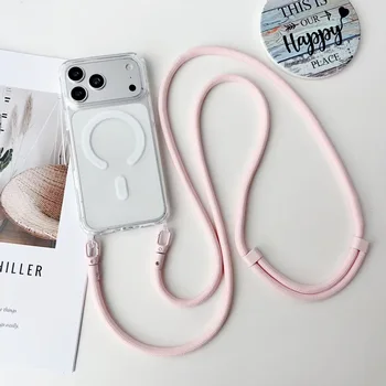 iPhone 14 Plus: Magnetische Schutzhülle mit Trageband, Crossbody-Lanyard-Kordel, transparente Kunststoff-Acryl-Abdeckung