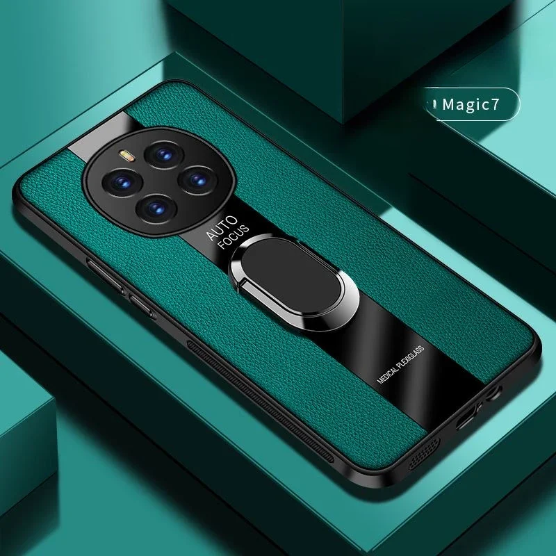 Honor Magic7 Pro: Luxus Plexiglas Leder Telefon Fall Magnetische Ring Halter Stoßfest Abdeckung Für Magic 7 Lite 6 lite 5G