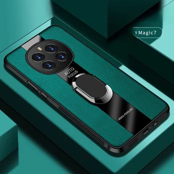 Honor Magic7 Pro: Luxus Plexiglas Leder Telefon Fall Magnetische Ring Halter Stoßfest Abdeckung Für Magic 7