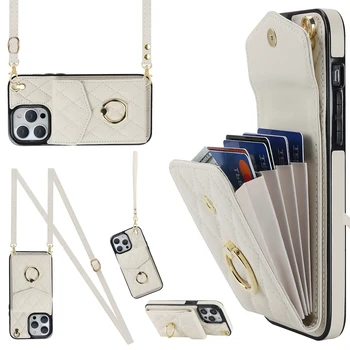 iPhone 13: Crossbody Lanyard Ringhalter Ledertasche Multi-Kartensteckplatz Wallet Cover