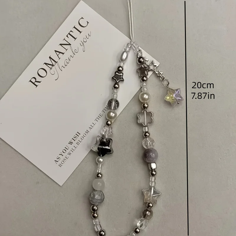Mode Silber Stern Perle Perlen Perlen Anhänger Telefon Gurt Charme Für iPhone Samsung Universal Zubehör Kette Lanyard Geschenk – Bild 2