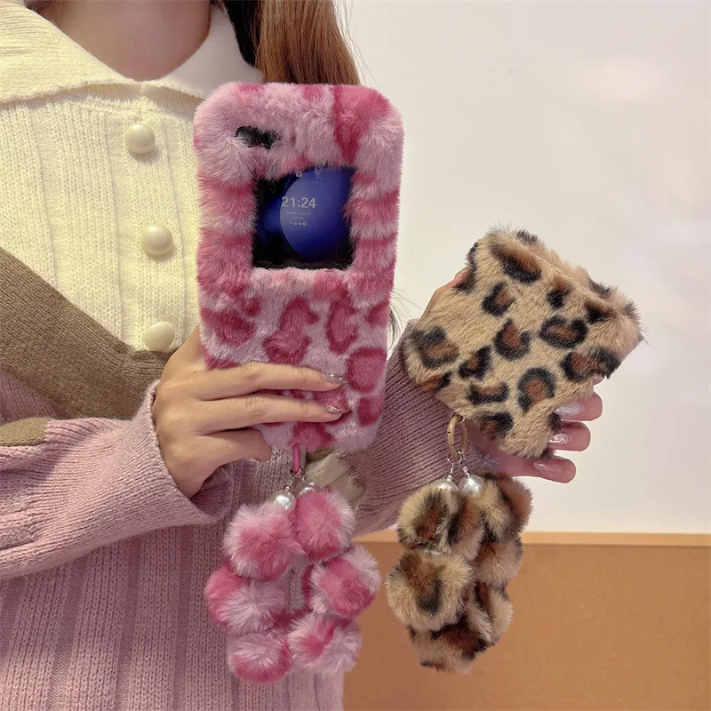 Mode Leopard Print Flauschigen Plüsch Handgelenk Strap Halterung Telefon Fall stoßfest Abdeckung – Bild 4