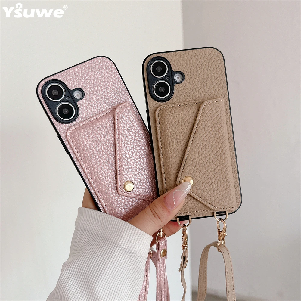 iPhone 17 Pro Max: Crossbody Lanyard Halskette Riemen Seil Leder Handyhülle Brieftasche Kartenhalter Abdeckung
