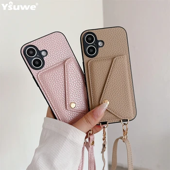 IPhone 16: Crossbody Lanyard Halskette Riemen Seil Leder Handyhülle Brieftasche Kartenhalter Abdeckung