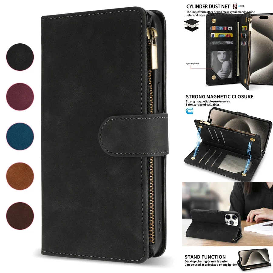iPhone 16: Brieftasche Multi-karte Zipper Ständer Magnetische Flip Leder Fall