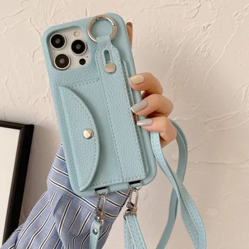 iPhone 17: Handgelenkriemen Crossbody Lanyard Handyhülle Kartenhalter Brieftasche Lederhülle