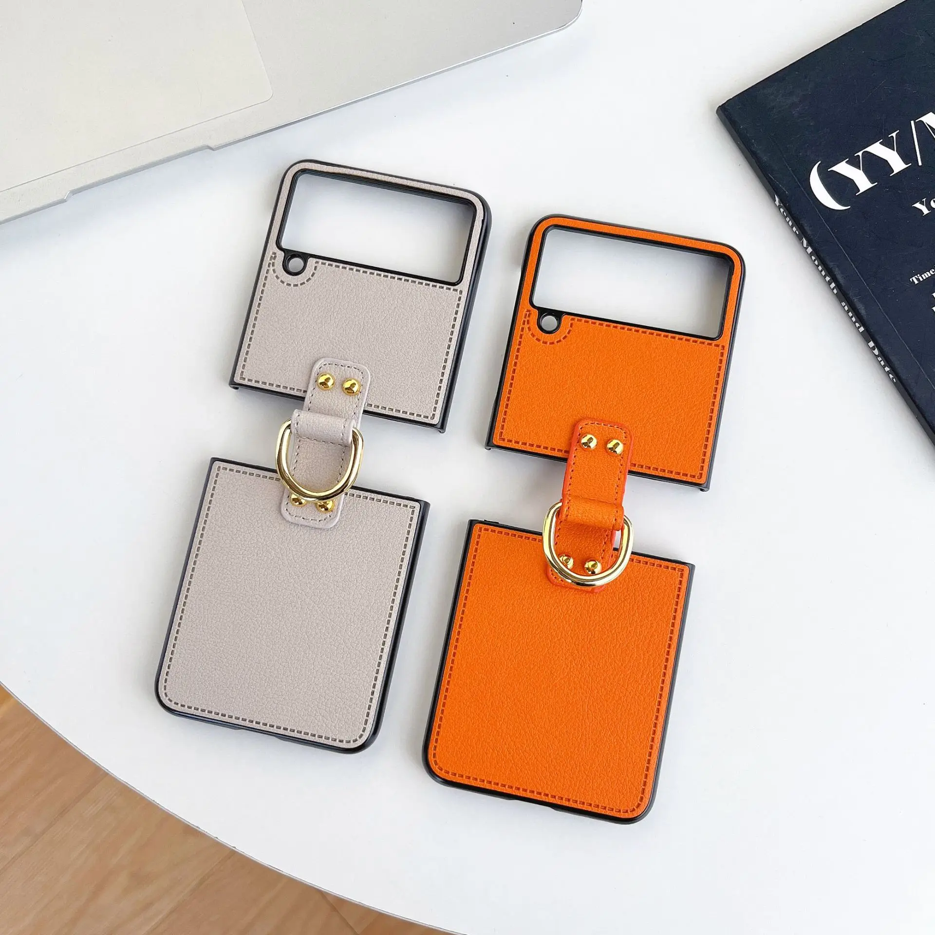 Galaxy Z Flip7: Leder-Handyhülle mit Ringhalter Flip7 Flip6 5G, stoßfest, matt, nicht fingerabdruckempfindlich