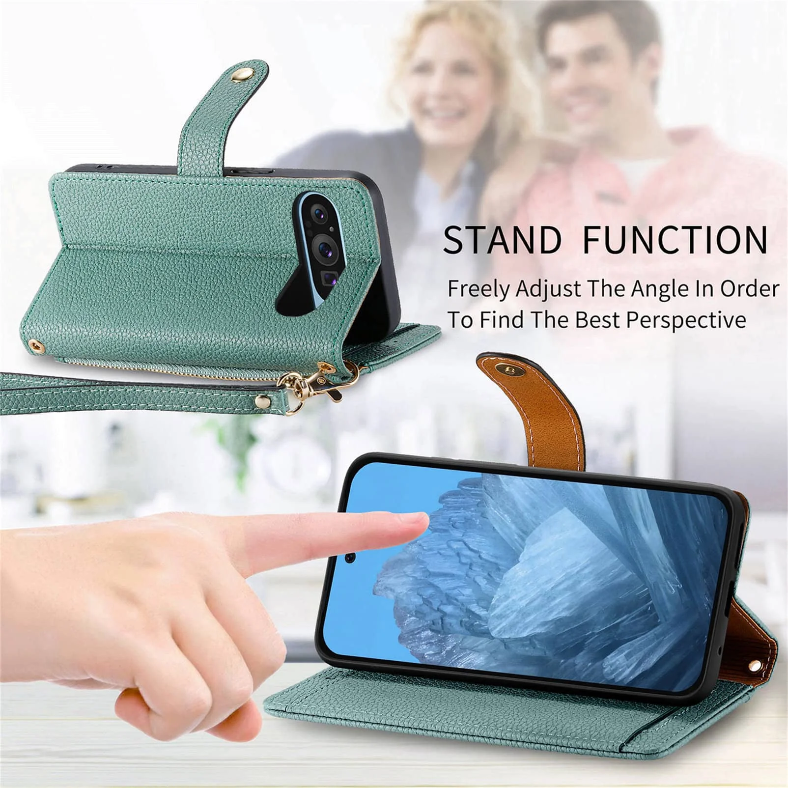 Brieftaschenhülle Reißverschlusstasche mit Handschlaufe, Ständer RFID-Flip-Kartenhalter – Bild 4