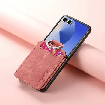 Galaxy Z Flip6: Flip7 FE Luxus-Hülle Faltbare Abdeckung Leder-Kartenhalter Rückseite Capa Ring Funda
