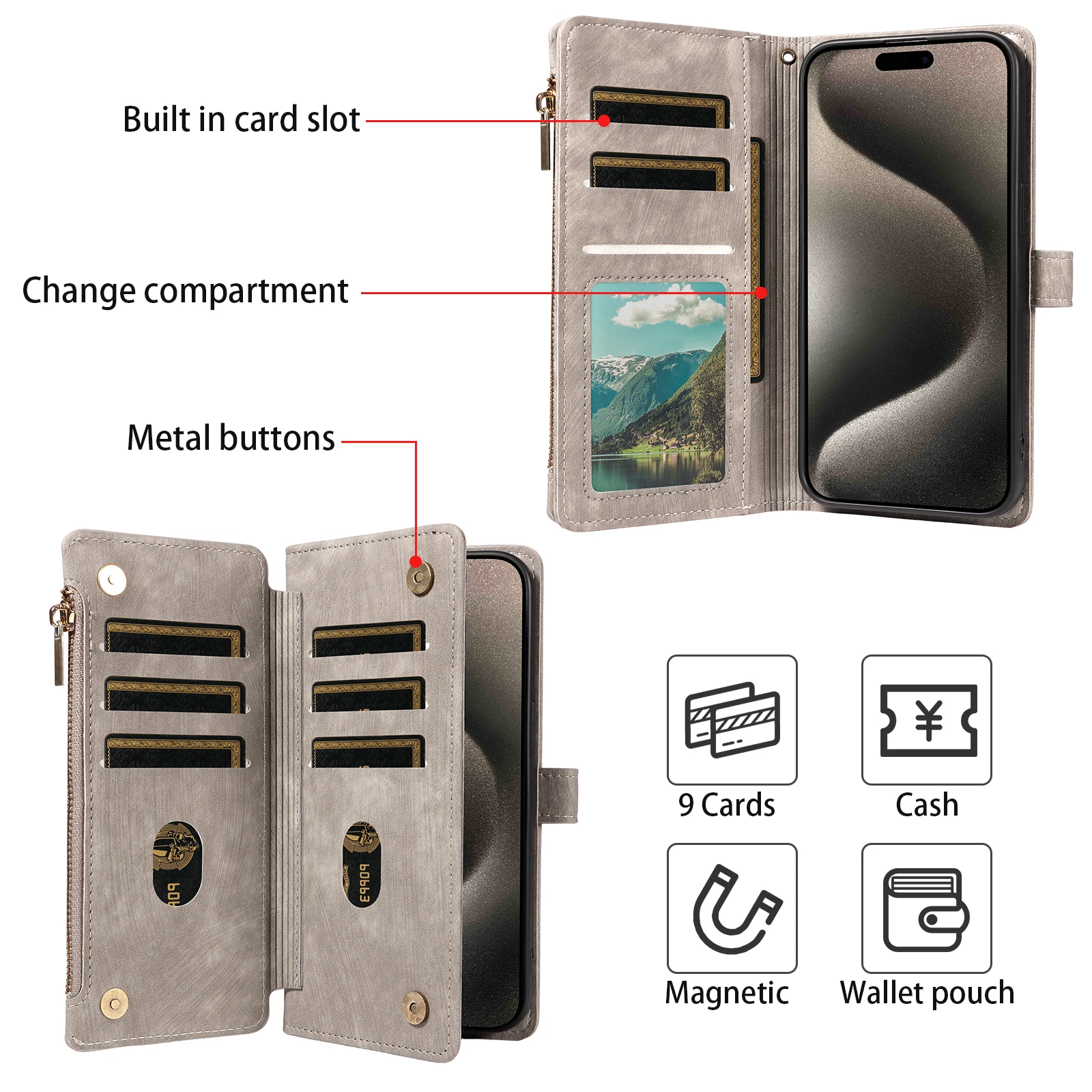 Reißverschluss Magnetische Flip PU Leder Handyhülle Diebstahl- und Anti-Fall-Brieftaschen-Abdeckung – Bild 4