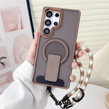 Galaxy S24 FE: Luxus Lanyard Magnetische Klapp Ständer Telefon Fall Rand FE Für Magsafe Drahtlose Lade kappen