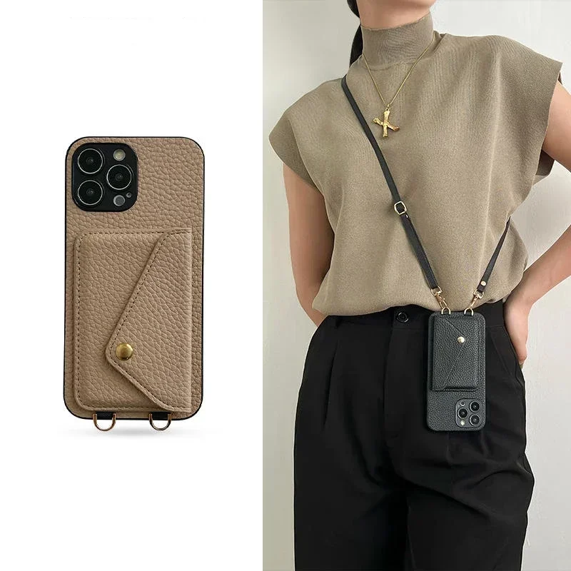 iPhone 17 Pro Max: Umhängegurt-Lanyard-Leder-Handyhülle, Brieftasche mit Kartenhalter-Abdeckung