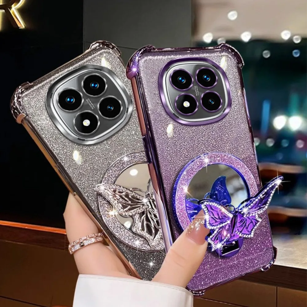 Redmi Note 14 Pro 5G: Glitzernde Schmetterlings-Spiegelhalterungshülle 14S 4G 5G, stoßfeste weiche Silikonhülle
