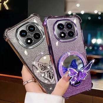 Redmi Note 14 Pro+ 5G: Glitzernde Schmetterlings-Spiegelhalterungshülle 14S 4G 5G, stoßfeste weiche