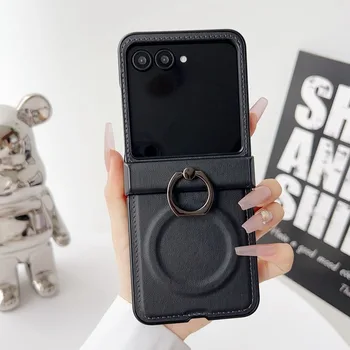 Galaxy Z Flip7: Luxuriöse Ringhalter-Lederhülle mit Magnetischer Halterung und Mattschutz