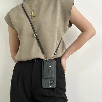 iPhone 16 Pro: Umhängegurt-Lanyard-Leder-Handyhülle, Brieftasche mit Kartenhalter-Abdeckung