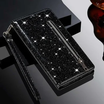 Galaxy A35: Brieftasche Glitter Zipper Flip Ledertasche Rand