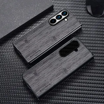 Galaxy Z Fold4: Hülle 6 5 4 3 Fold6 5G Funda Bambus-Holzmuster Leder-Handyhülle Case