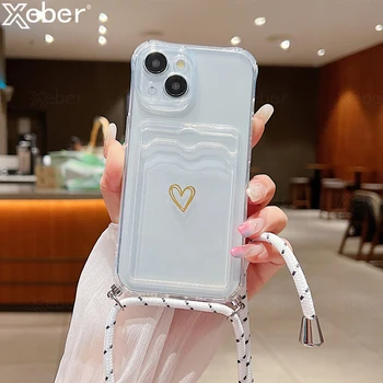 IPhone 15: Umhängetasche Lanyard Halskette Kordel Slot Kartentasche Klare Handyhülle Soft Cover