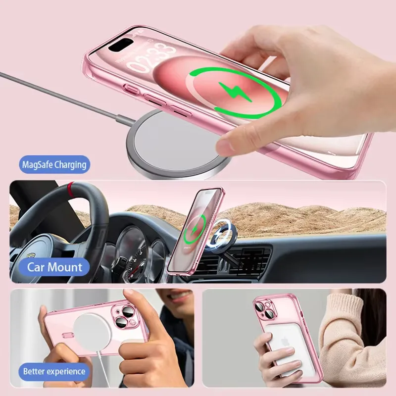 Klare, plattierte, ultradünne Silikonhülle, Magsafe, magnetische Linsenfolie, Schutzabdeckung, Rosa – Bild 5
