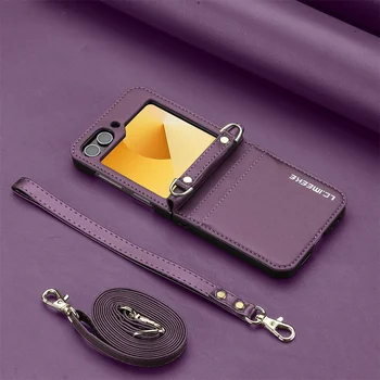 Galaxy Z Flip5: Crossbody-Geldbörsenhülle Flip8 Flip7 Flip6 5G mit Kartenhalter, Handschlaufe und Lanyard aus Leder