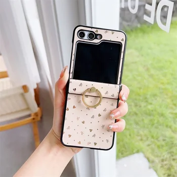 Galaxy Z Flip6: Mode Ring Halter Telefon fall 6 5 4 3 Herz Stern Muster Stand Abdeckung