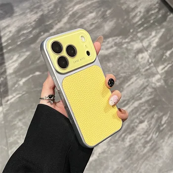 iPhone 16: Luxuriöse Handyhülle aus Leder mit Litschi-Muster – Harte PC-Rückabdeckung mit Kamerafenster