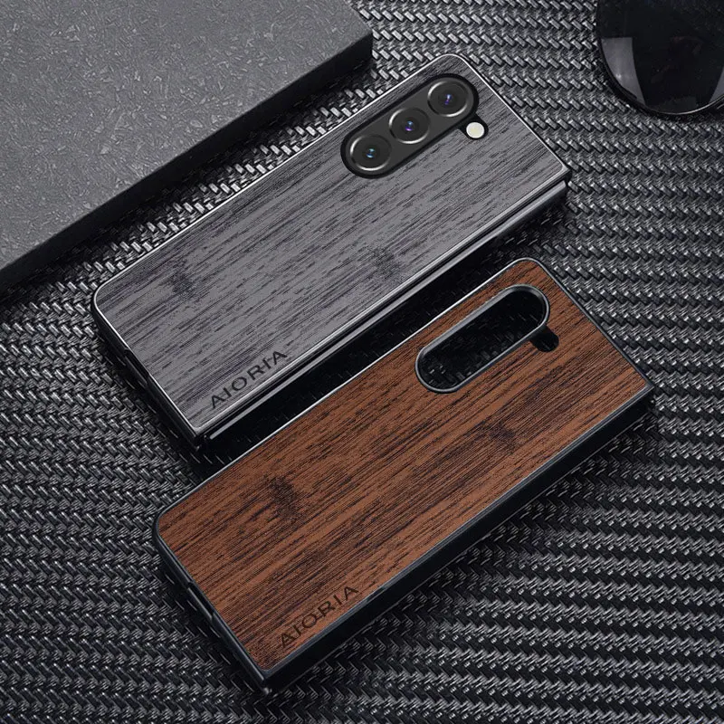 Galaxy Z Fold4: Hülle Fold6 5G Funda Bambus-Holzmuster Leder-Handyhülle Case
