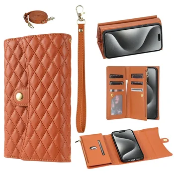 iPhone 13: Crossbody-Lanyard-Leder-Handyhülle mit Reißverschluss mit Handgelenkschlaufe