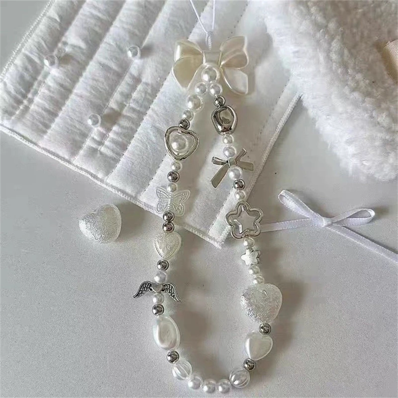 Perlen-Handyketten-Charm-Lanyard für iPhone Samsung, niedliche barocke weiße Schleife, Blumen-Charm, universelles Zubehör, Schmuckanhänger – Bild 4