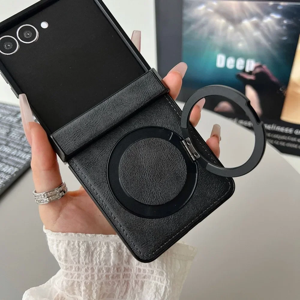 Galaxy Z Flip6: Magnetische Leder-Handyhülle Flip7 Flip6 Flip5 5G Ringhalter Scharnier Schutzhülle