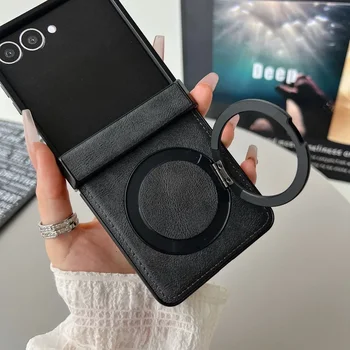 Galaxy Z Flip7: Magnetische Leder-Handyhülle Flip7 Flip6 Flip5 5G Ringhalter Scharnier Schutzhülle
