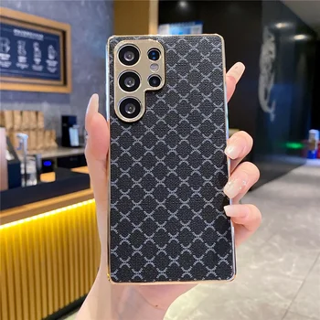 Galaxy S24+: Luxuriöse vergoldete Glitzer-Abdeckung, Retro-Gittermuster, Leder-Handyhülle