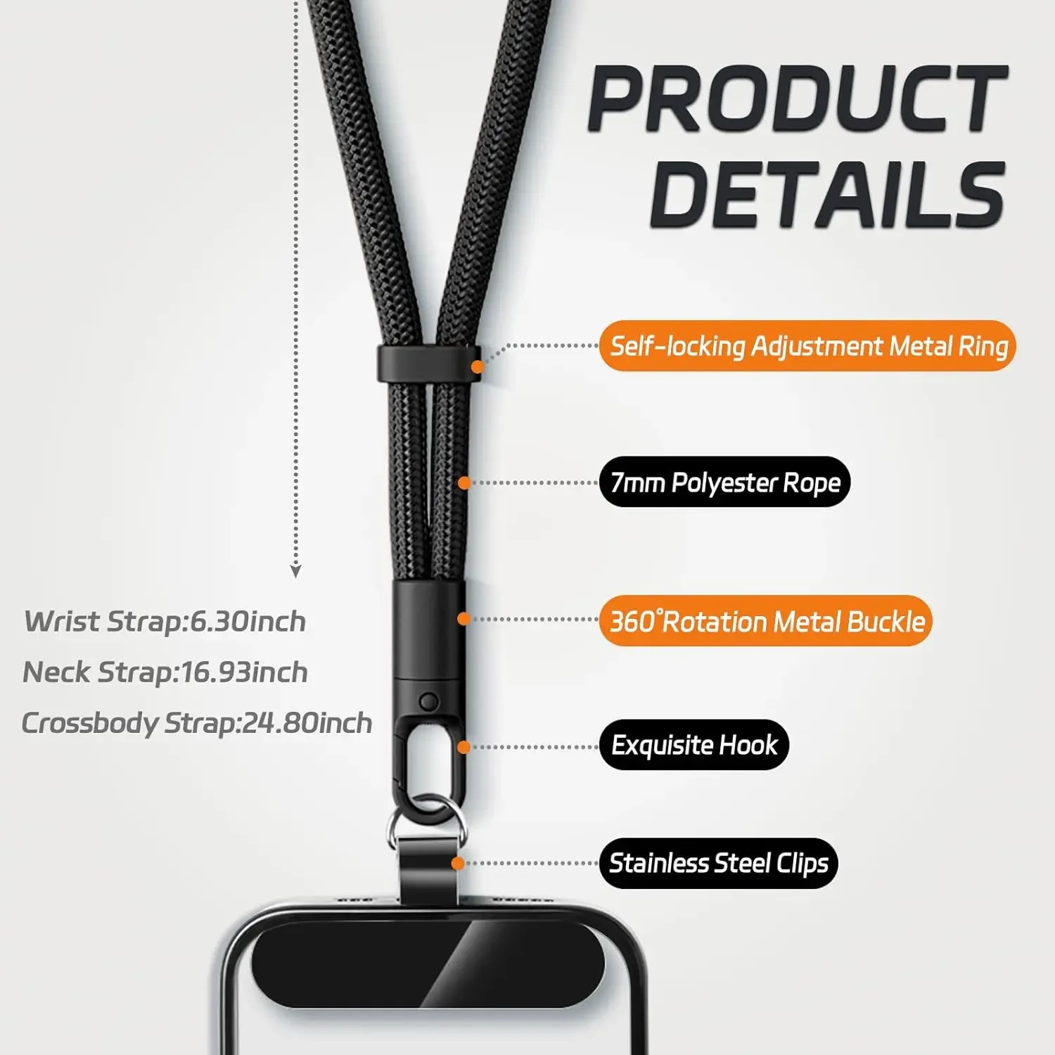 Universelles, verstellbares Handy-Lanyard, kurzes Handgelenkband mit selbstsicherndem Anti-Drop-Design, langlebiges – Bild 2