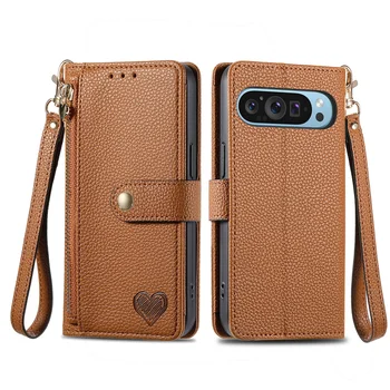 Pixel 9 Pro: Brieftaschenhülle Reißverschlusstasche mit Handschlaufe, Ständer RFID-Flip-Kartenhalter