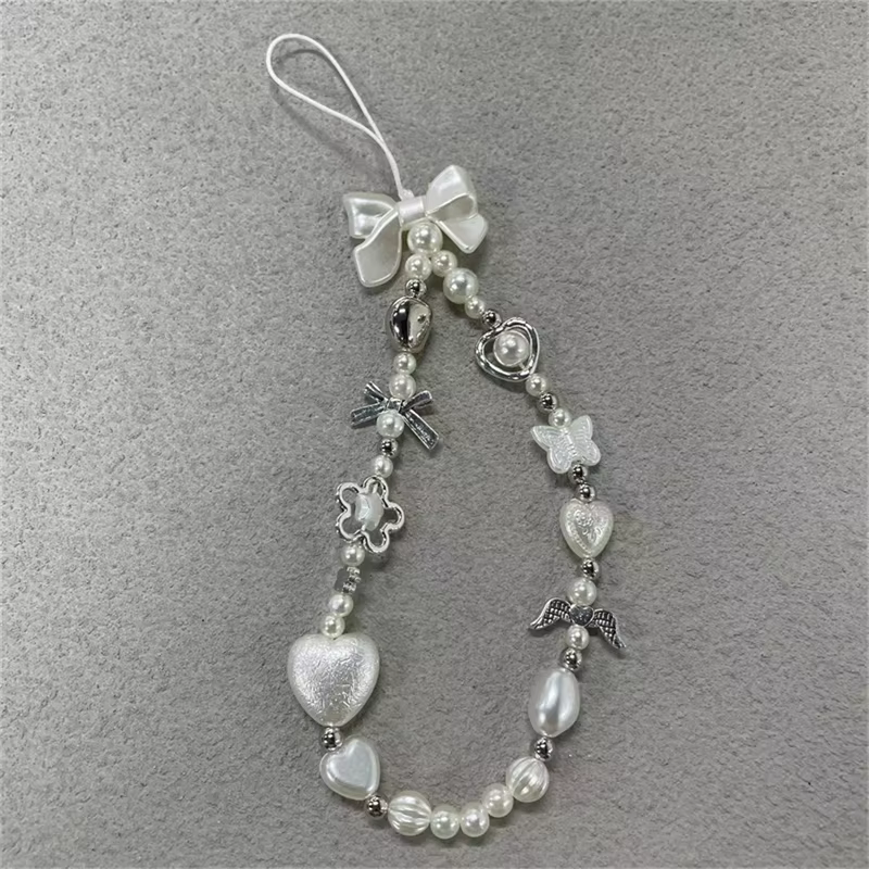 Perlen-Handyketten-Charm-Lanyard für iPhone Samsung, niedliche barocke weiße Schleife, Blumen-Charm, universelles Zubehör, Schmuckanhänger – Bild 5