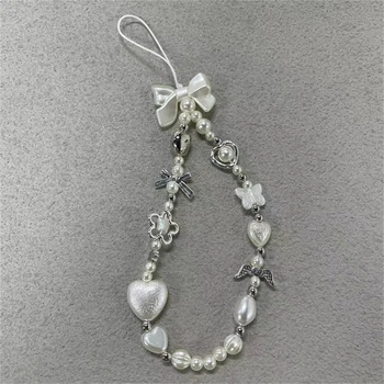 Perlen-Handyketten-Charm-Lanyard für iPhone Samsung, niedliche barocke weiße Schleife, Blumen-Charm, universelles Zubehör, Schmuckanhänger