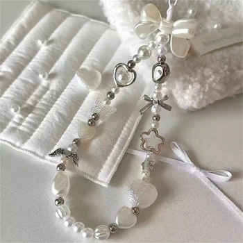 Perlen-Handyketten-Charm-Lanyard für iPhone Samsung, niedliche barocke weiße Schleife, Blumen-Charm