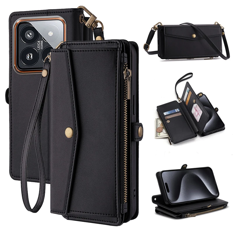 Xiaomi 14: Handyhülle mit Lanyard 12S 13 13T Flip-Leder-Brieftasche mit Kartenfächern Lite 12X F6 Pro Halterung