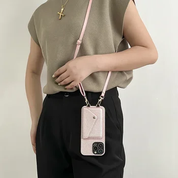 iPhone 13: Umhängegurt-Lanyard-Leder-Handyhülle, Brieftasche mit Kartenhalter-Abdeckung