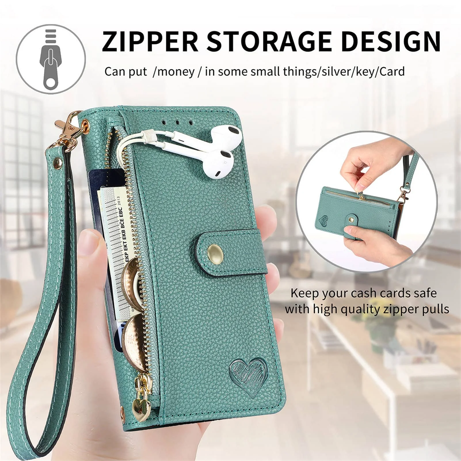 Brieftaschenhülle Reißverschlusstasche mit Handschlaufe, Ständer RFID-Flip-Kartenhalter – Bild 3