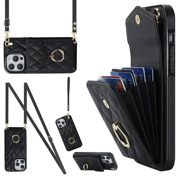 iPhone 16: Crossbody Lanyard Ringhalter Ledertasche Multi-Kartensteckplatz Wallet Cover
